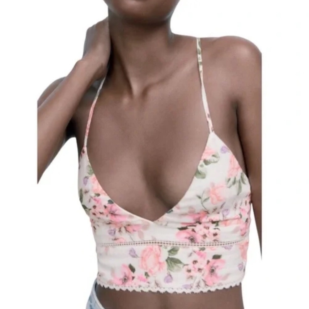 NWT Zara Floral Strappy Back Crop Top - Size Smal